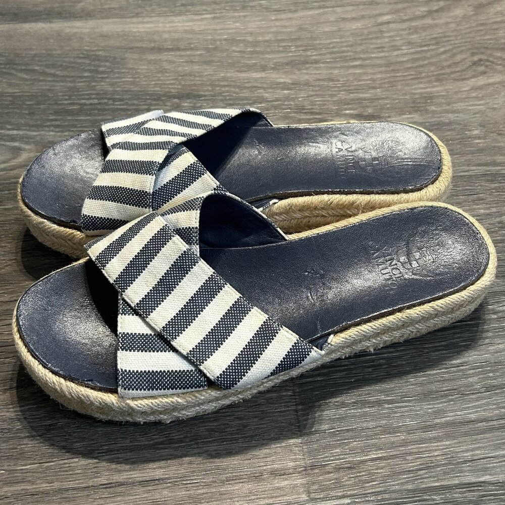 Vince Camuto 8.5 Slide Sandal Blue White Natural Stripe Canvas Espadrille Preppy